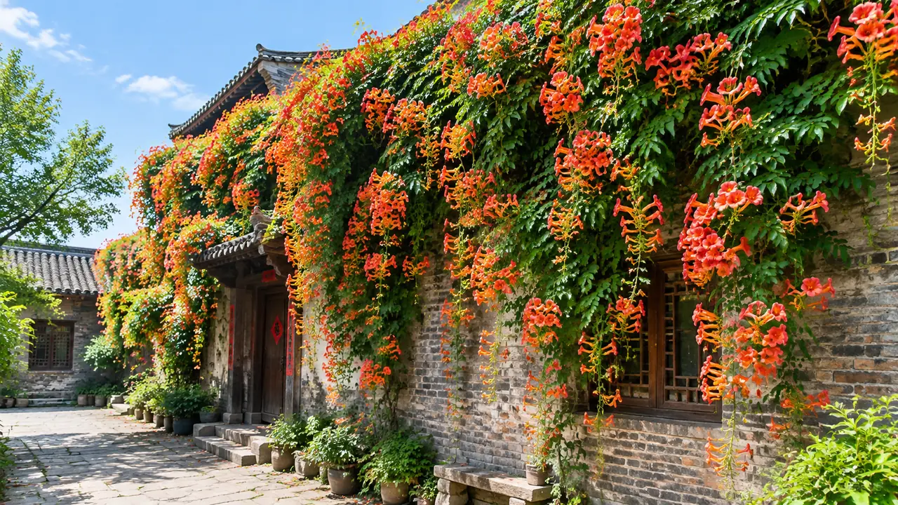 凌霄花是什么绿植：气生根自己爬墙的橙色花瀑布，从种到爆墙的边界与控制