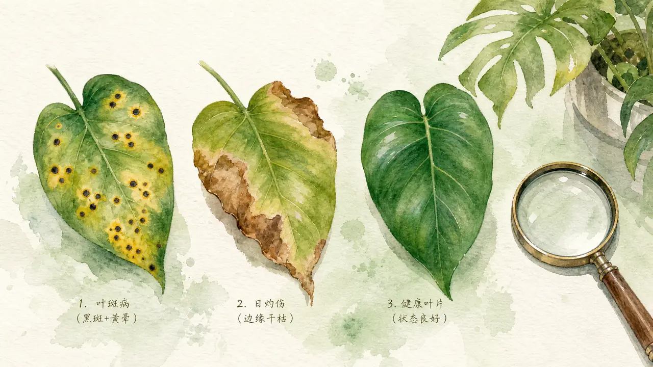 绿植叶片黑点排查手册：黑斑病晒伤肥害的位置规律，用药完全不同