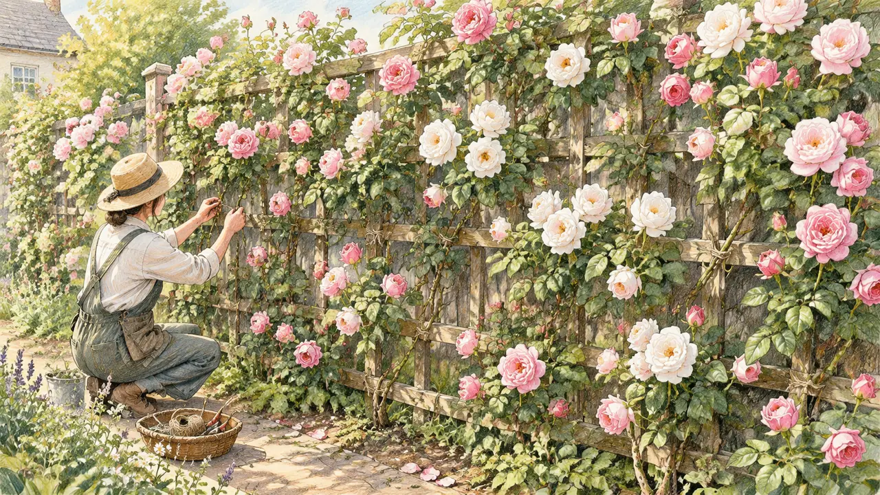 藤本月季绿植墙怎么搭：品种牵引冬剪与笋芽的年度节奏
