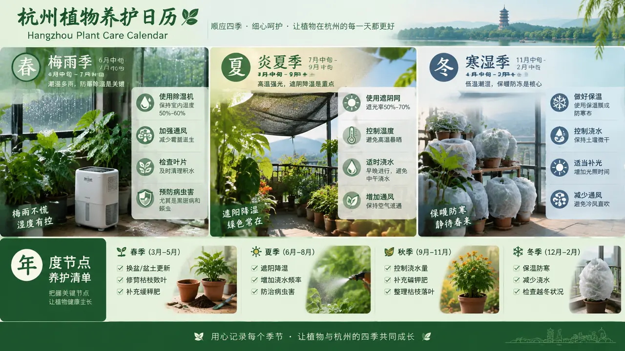 杭州绿植养护年度节点：梅雨防徒长、伏天护根、寒冬湿冷过冬