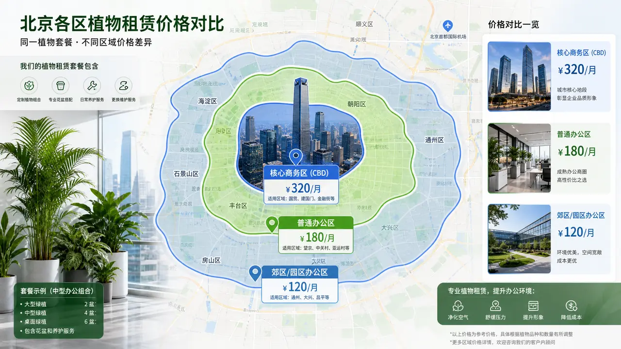 北京绿植租摆报价差在哪？核心商圈、普通写字楼、园区三档地段对比