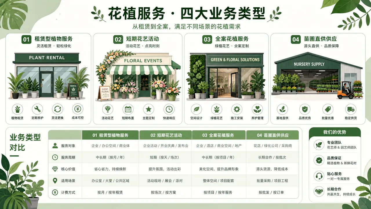 花卉绿植公司分几类？四类服务商的业务边界与适配客户