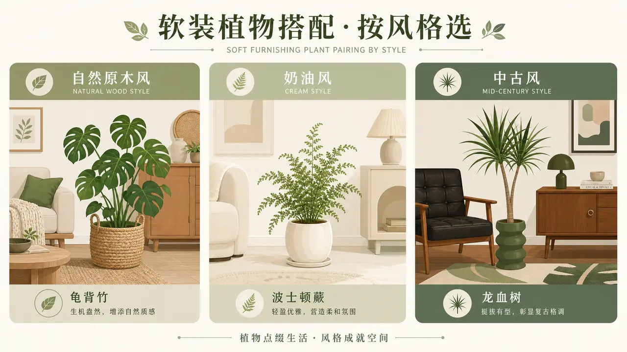 家配绿植怎么配软装：原木奶油中古风的植物搭配对照