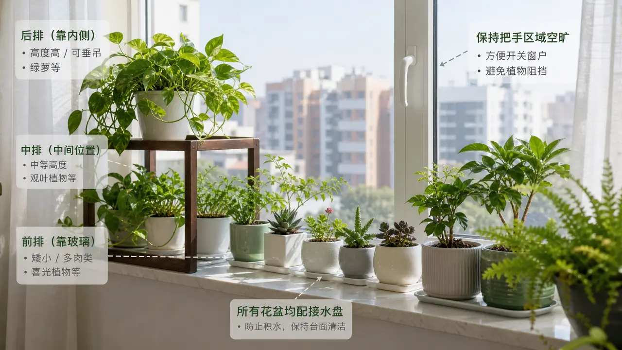 绿植窗台怎么摆：按进深朝向定摆法，开窗手位和托盘防水一次讲清
