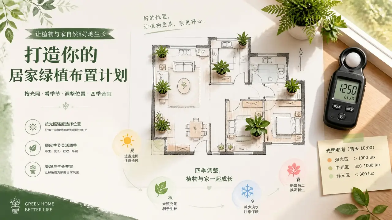绿植摆放方案怎么定稿？家庭版从量光画图到按季调整全流程