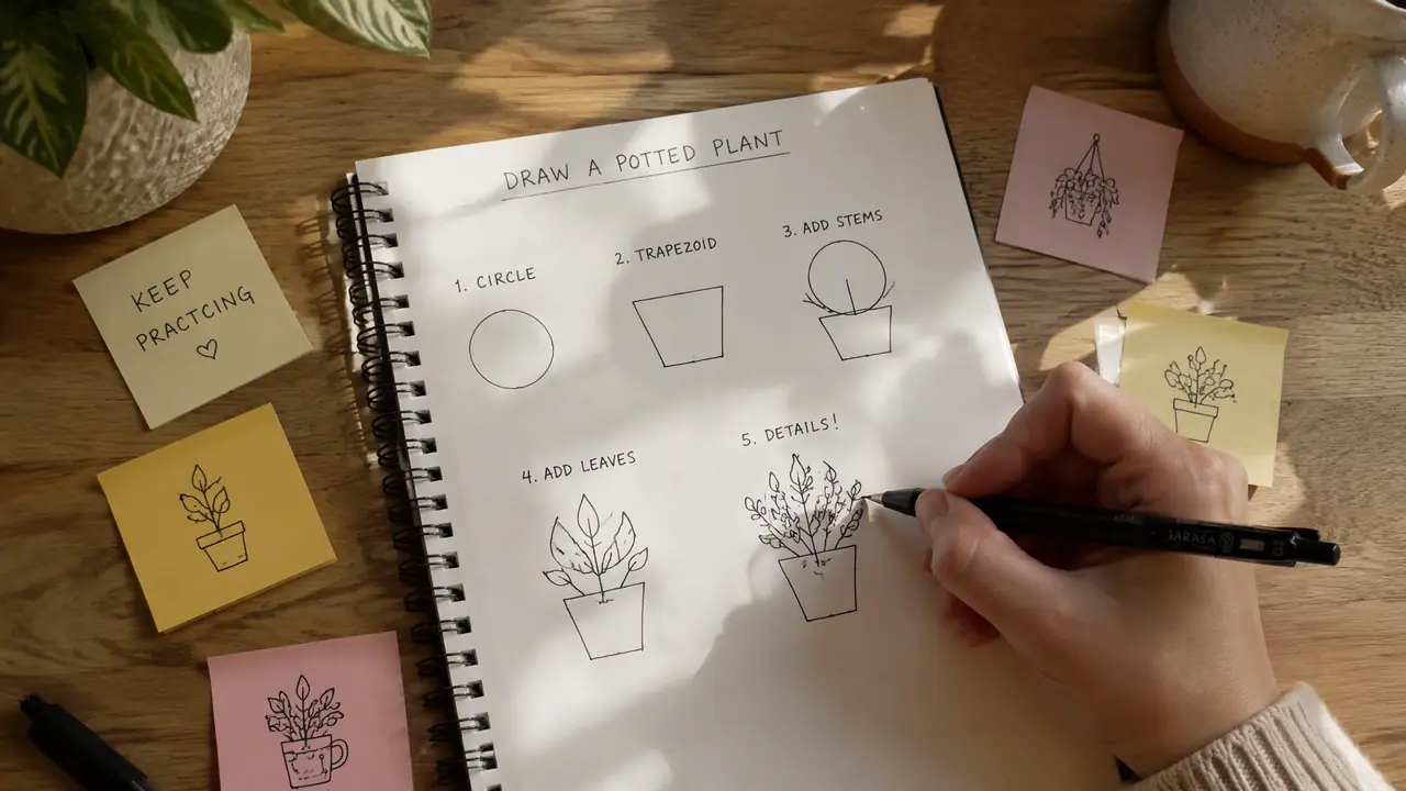 小绿植简笔画怎么入门？三个几何形起形，零基础十分钟画一盆