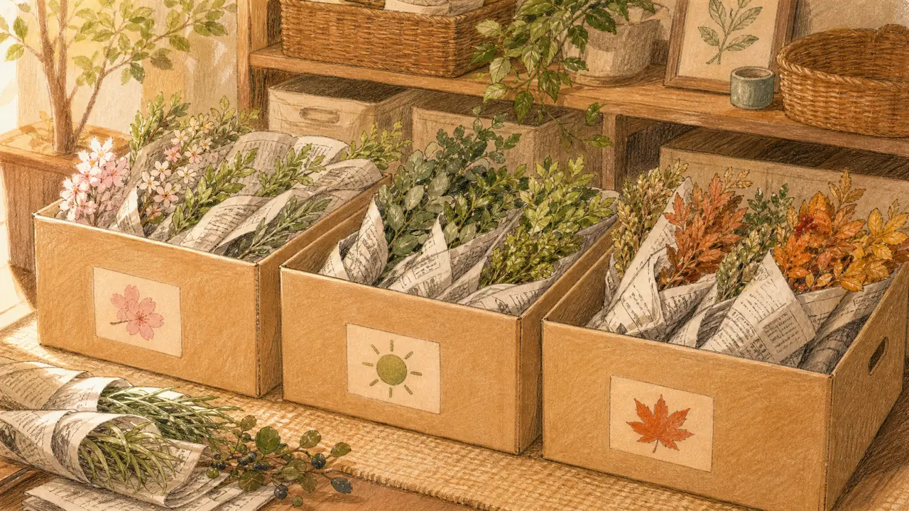 仿真绿植收纳怎么做？枝条绕报纸平放，换季三箱一次理清