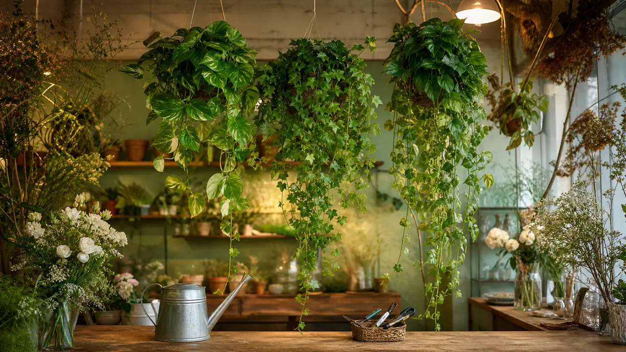 花店吊顶绿植怎么弄？真植吊挂的可行性、滴水防护和转仿决策