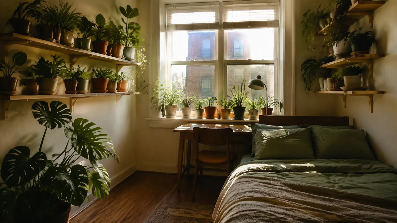 绿植小屋布置：十平米出租屋塞下二十盆的两条线