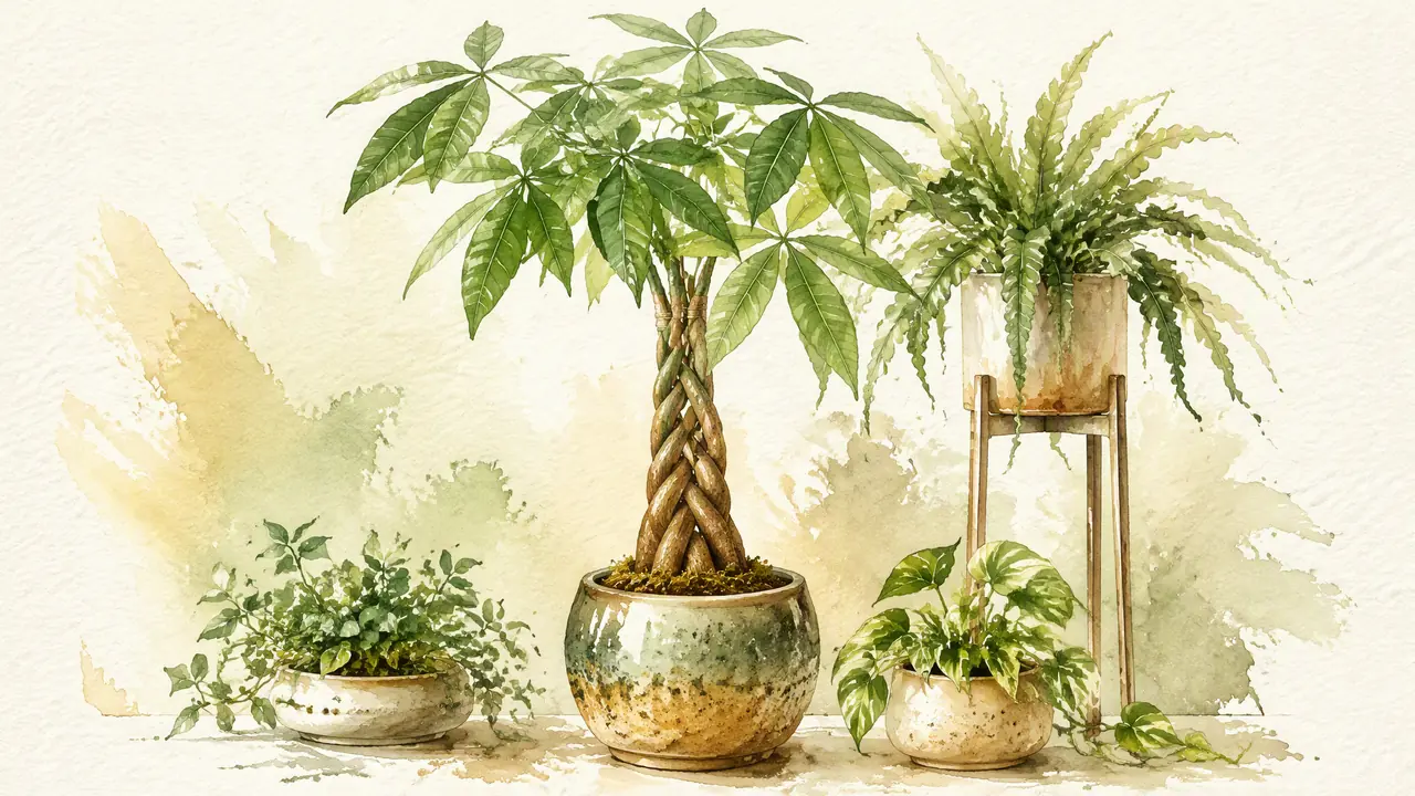 造型组合绿植怎么摆？编辫发财树当主角的陈列搭配法